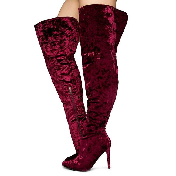 DEDICATE OVER THE KNEE BOOTS / CRUSH VELVET  / BURGUNDY - Picture 2 of 7